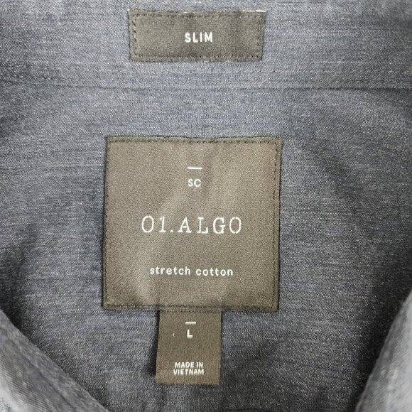 01.Algo Dress Shirt Mens L Navy Blue Heathered Stretch Slim Button Up - Picture 3 of 7